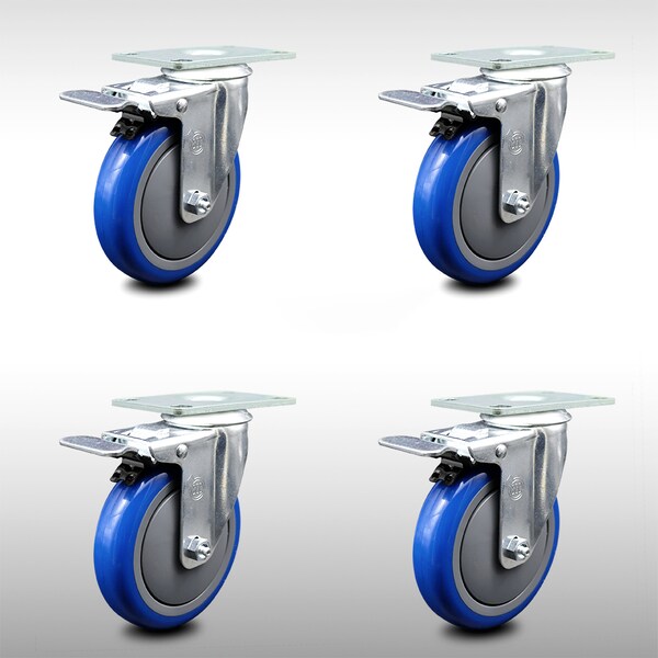 5 Inch SS Blue Polyurethane Top Plate Caster Set Total Lock Brake SCC